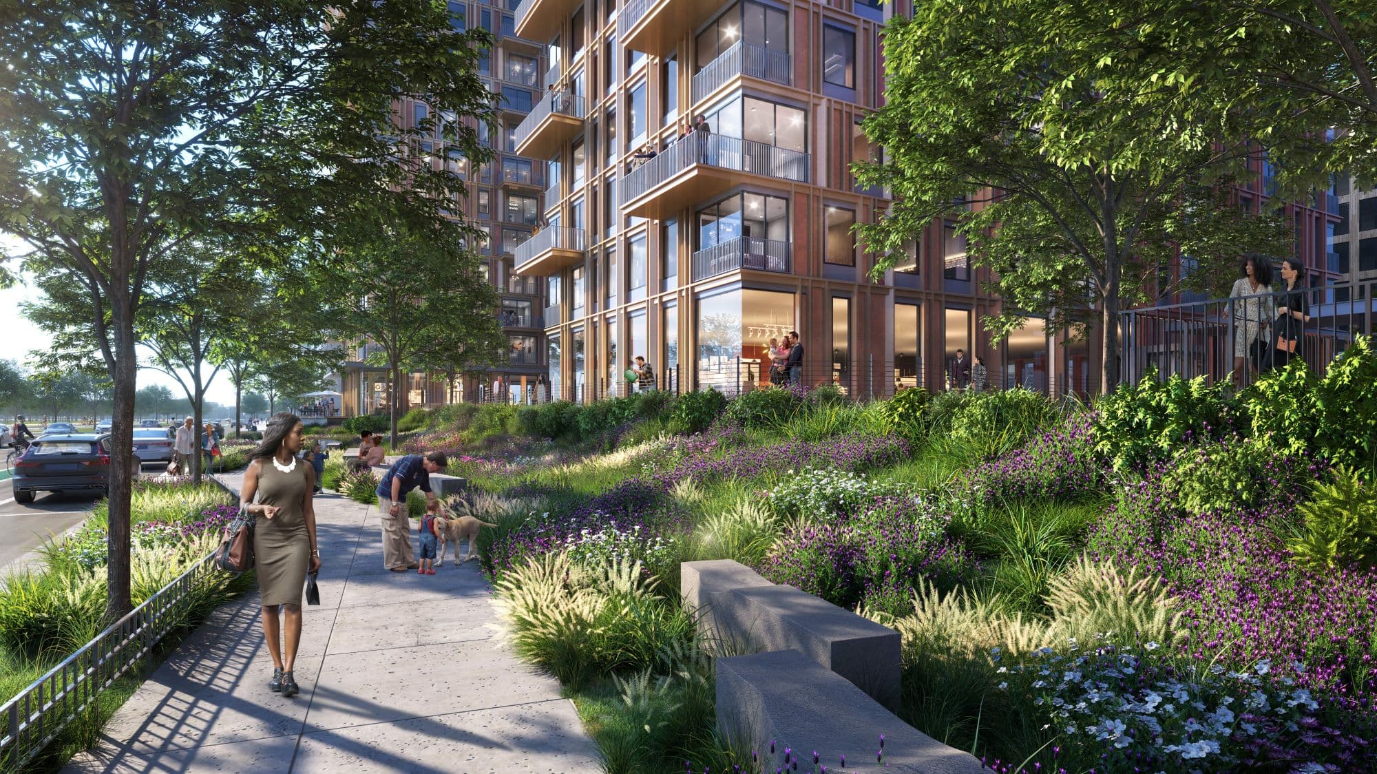 Resilient linear park with stormwater infiltration at Building B1/B2 along Old Colony